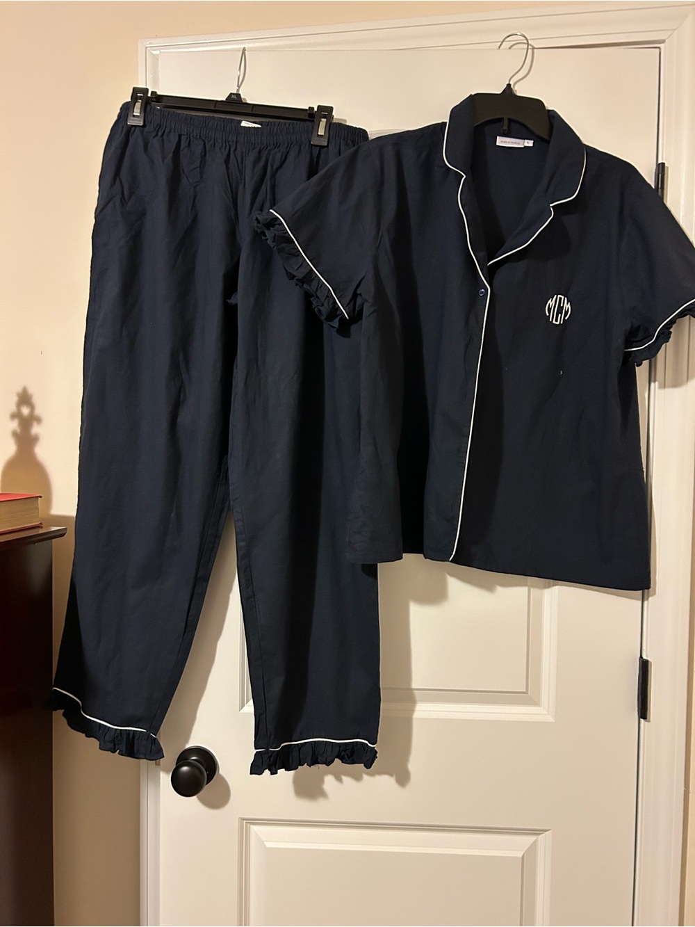 Monogrammed Mark & Graham Navy Women’s Pajama Set with Ruffle Edges